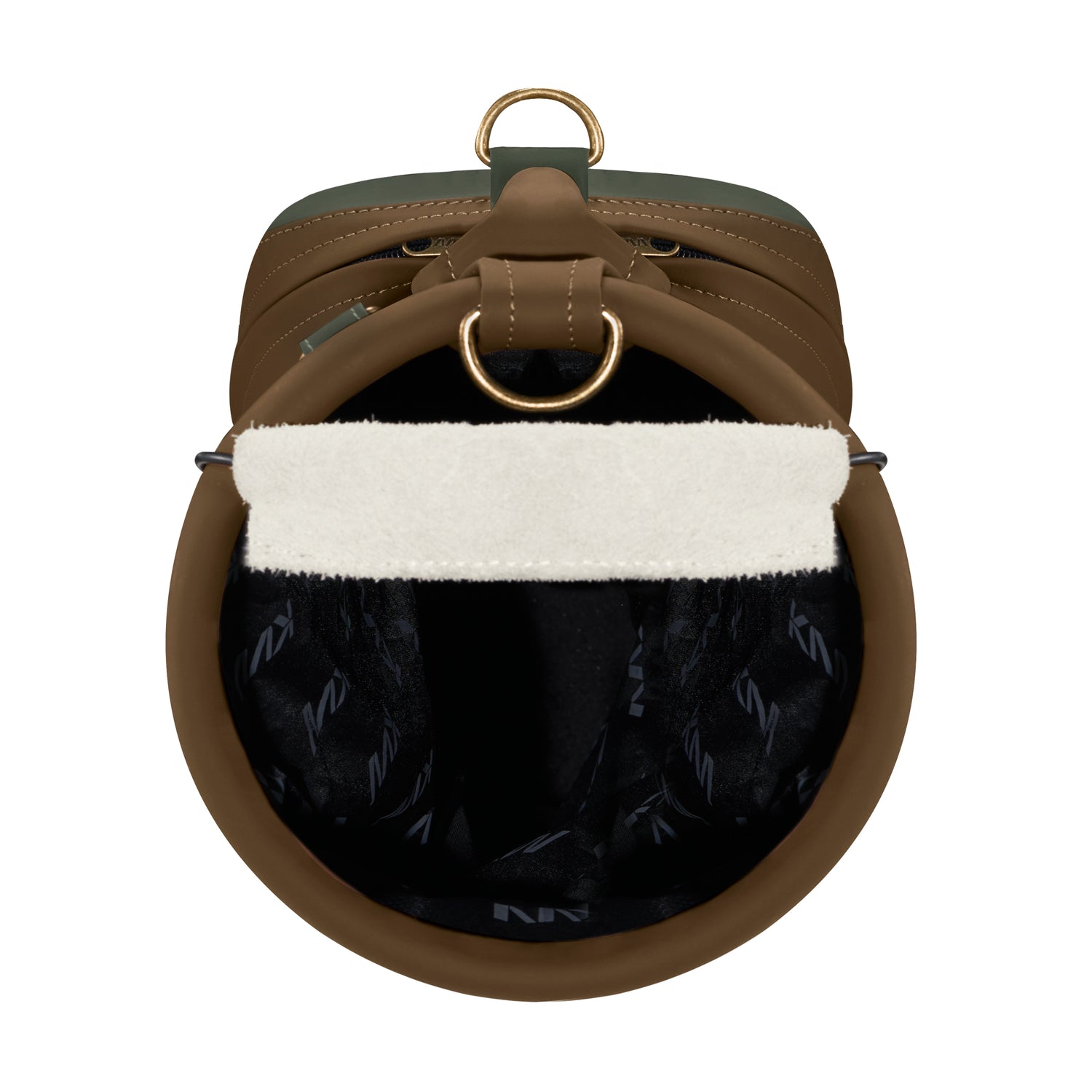 Top opening view of vintage golf bag showing 3-pocket club organization