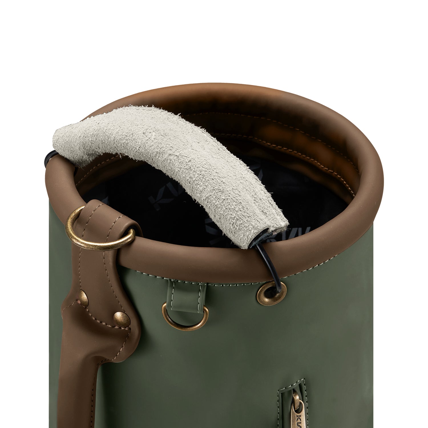 Leather trim and hardware close-up on retro PU golf bag