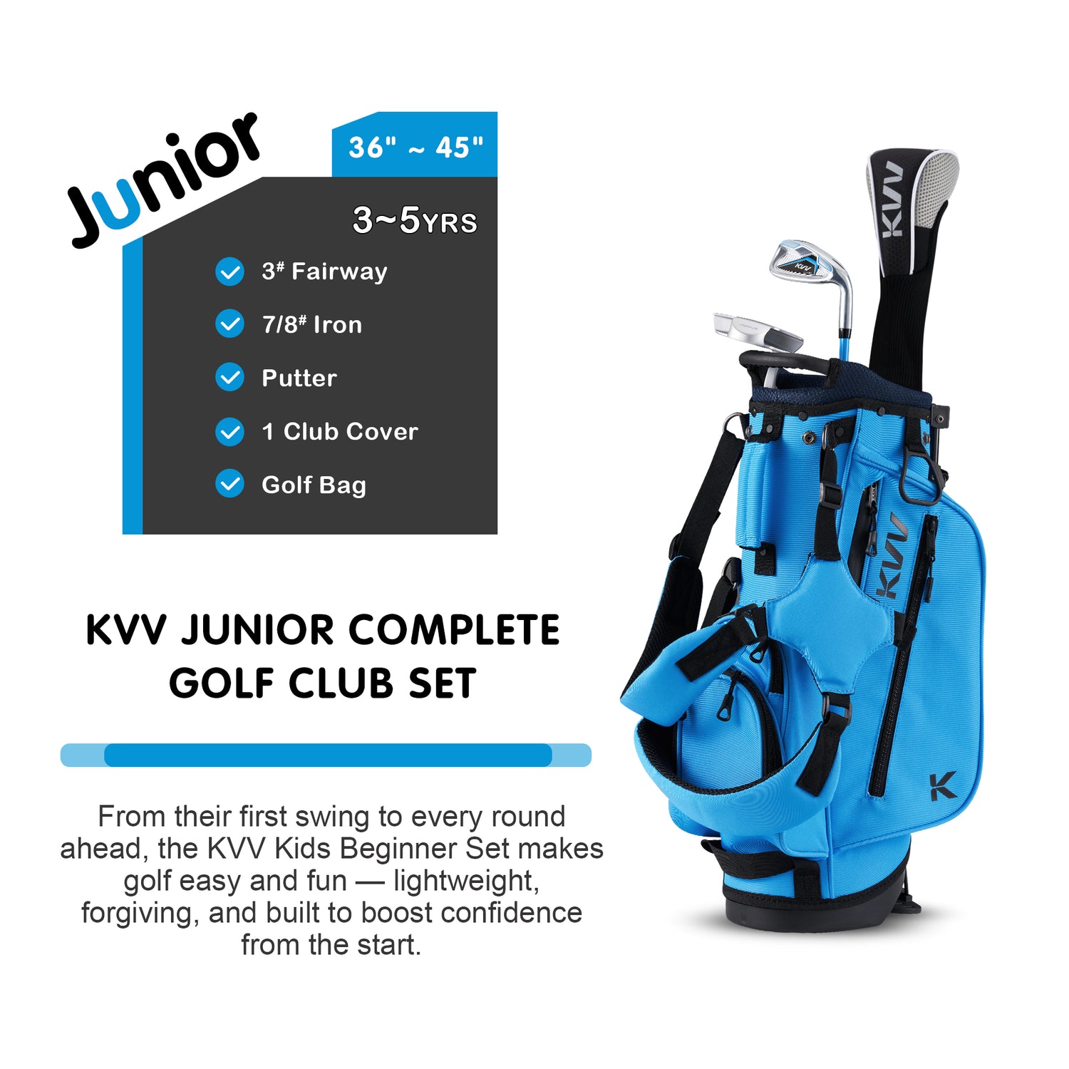 KVV Junior Golf Clubs Set Ages 3-5, Complete Kids Golf Set with Lightweight Stand Bag, Fairway, Iron & Putter Right Handed for Girls & Boys ( Ages 3-5)