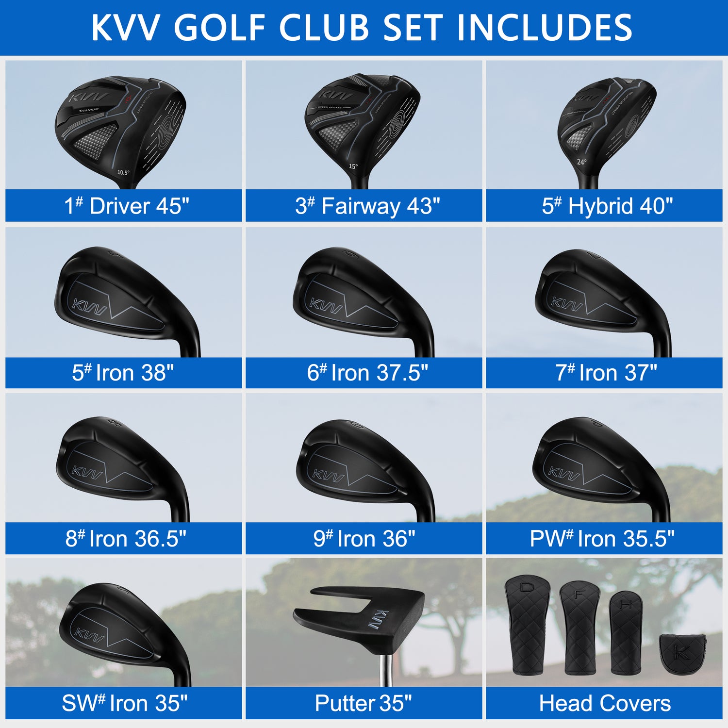 KVV Ultra Lightweight Club Set with Graphite Shafts, Titanium Driver, 11-Piece PVD Coated Clubs, 5-S# Irons, Right-Handed for Men No Golf Bag Included