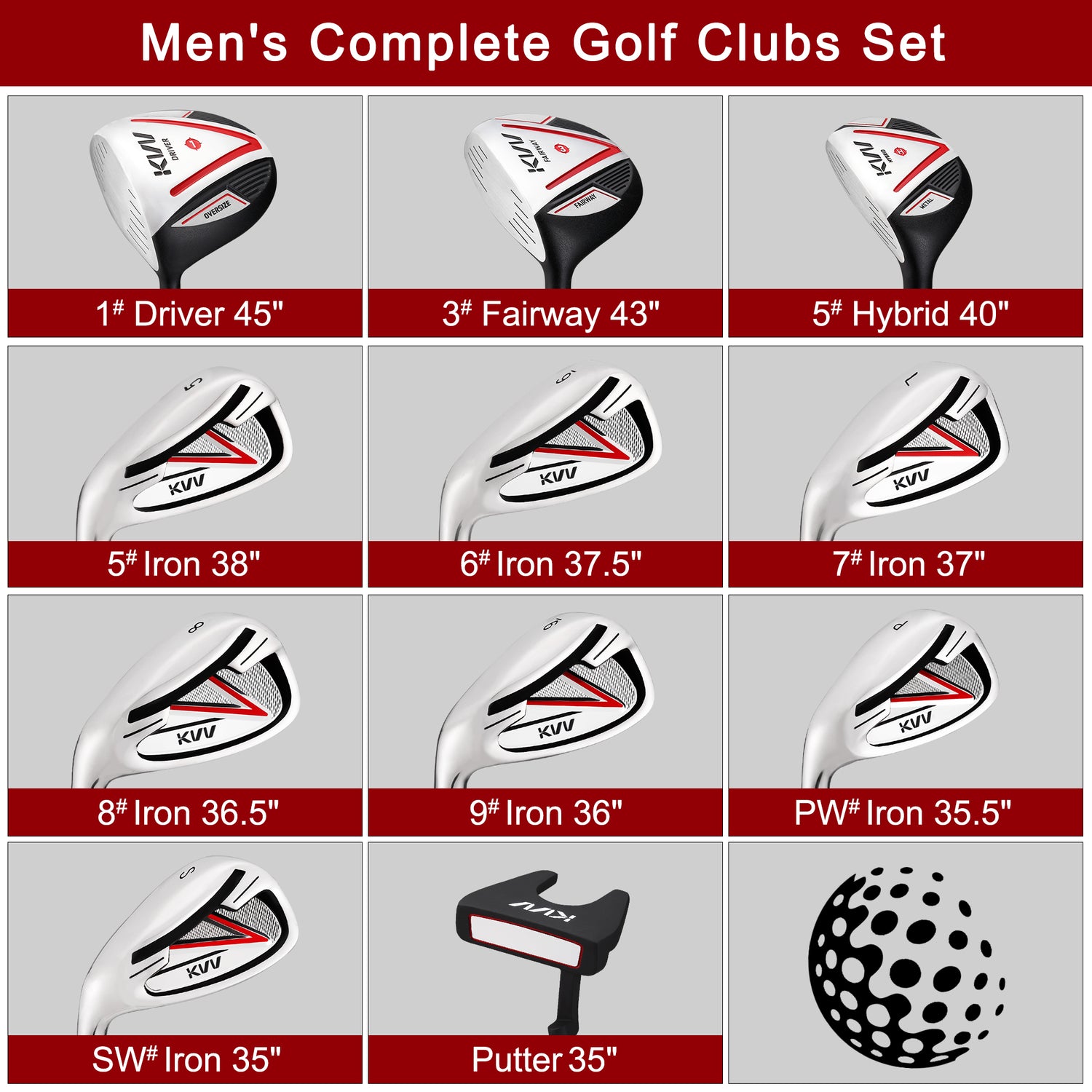 KVV Men's Golf Clubs Package Set, 11-Club Complete Set Without Stand Bag/7-Piece Irons (5~P#), Left Handed