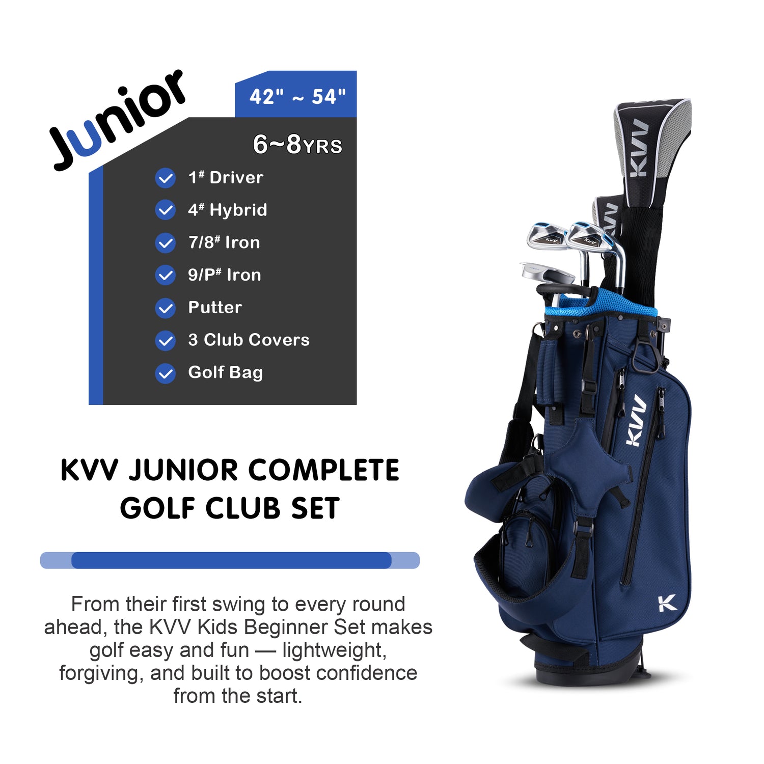 KVV Junior Golf Clubs Set Ages 6-8, Complete Kids Golf Set with Lightweight Stand Bag, Fairway, Iron & Putter Right Handed for Girls & Boys (Navy, Ages 6-8)