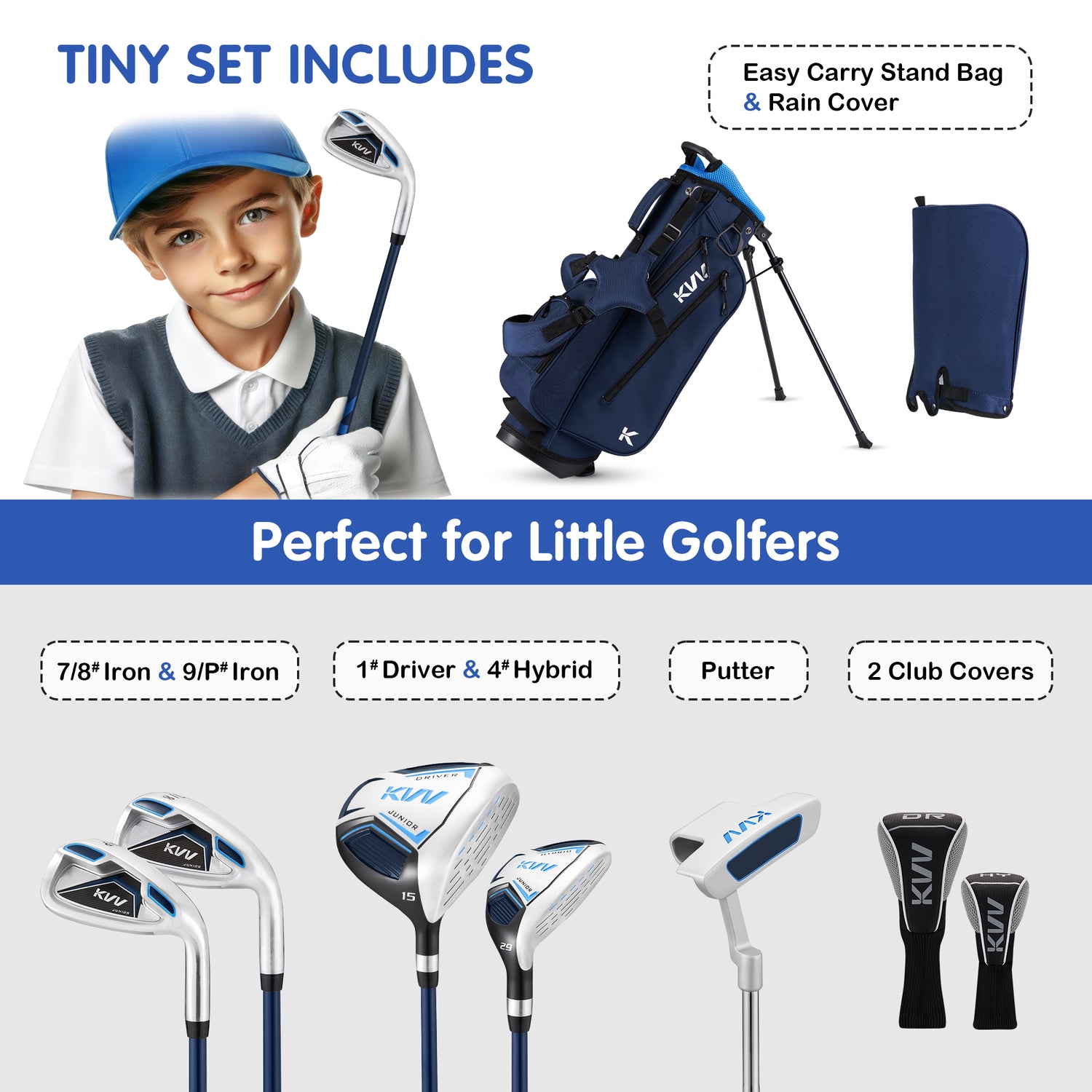 KVV Junior Golf Clubs Set Ages 6-8, Complete Kids Golf Set with Lightweight Stand Bag, Fairway, Iron & Putter Right Handed for Girls & Boys (Navy, Ages 6-8)