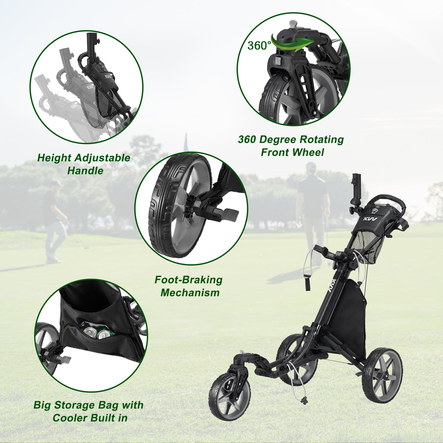 KVV GT302  Golf Push Cart 360 Rotating Front Wheel Open and Close in ONE Second
