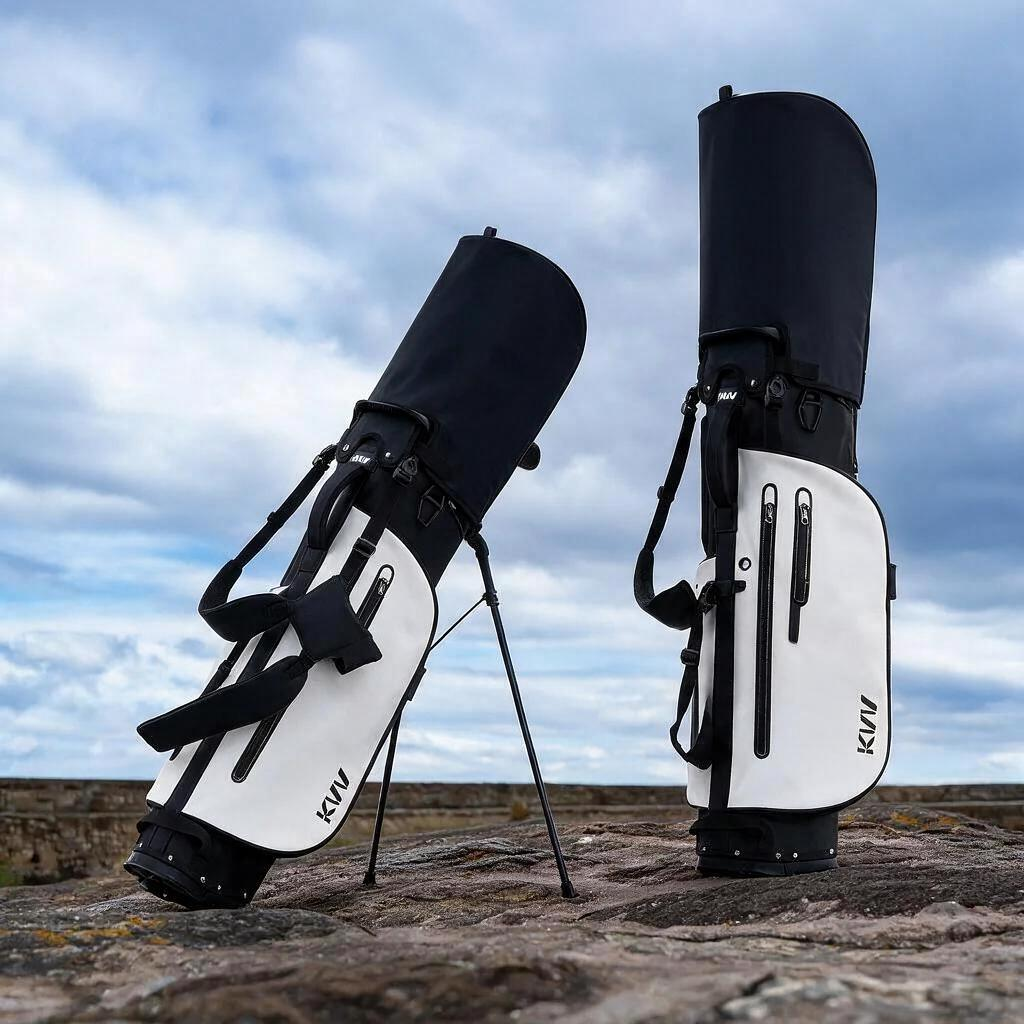 Golfer carrying lightweight 5-way stand bag with 4 pockets walking the course