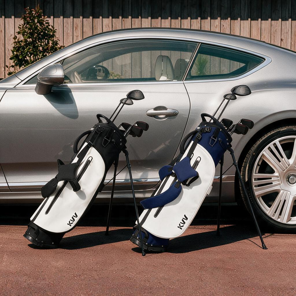 5-way stand bag with 4 pockets staged at clubhouse entrance classic aesthetic