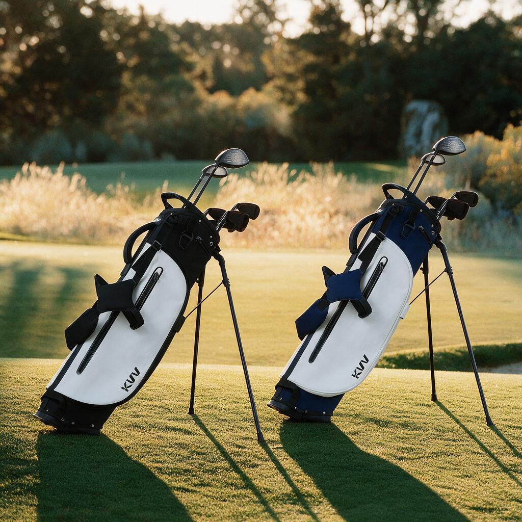 Lightweight golf stand bag with cooler pouch on cart path morning round