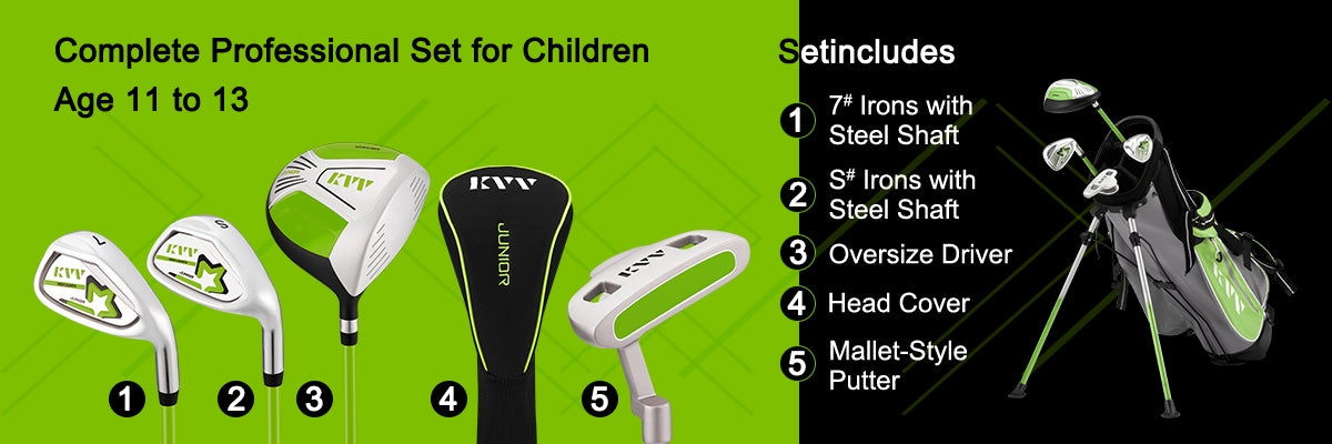 KVV Junior Complete Golf Club Set for Kids/Children Right Hand, Includes Oversize Driver, Irons, Putter, Head Cover, Portable Golf Stand Bag
