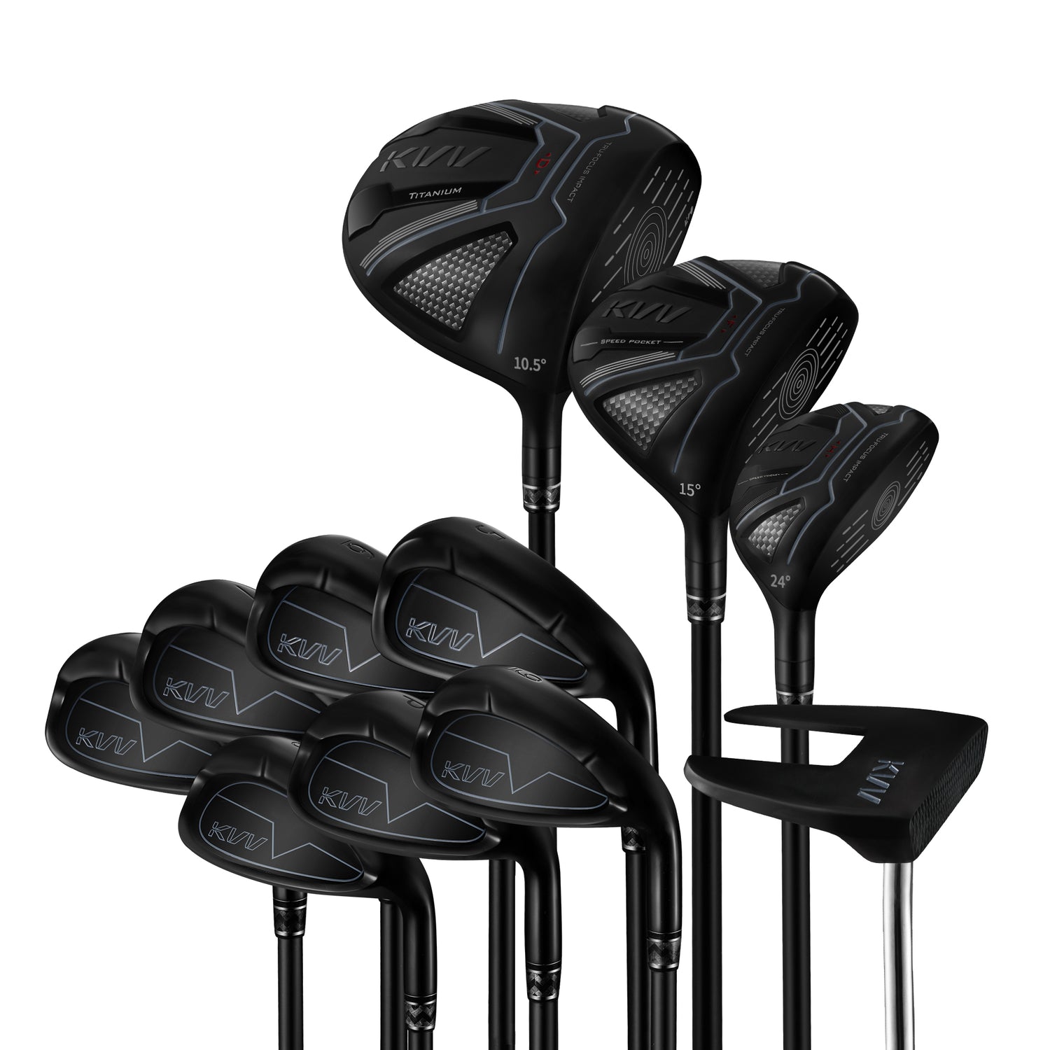 KVV Ultra Lightweight Club Set with Graphite Shafts, Titanium Driver, 11-Piece PVD Coated Clubs, 5-S# Irons, Right-Handed for Men No Golf Bag Included