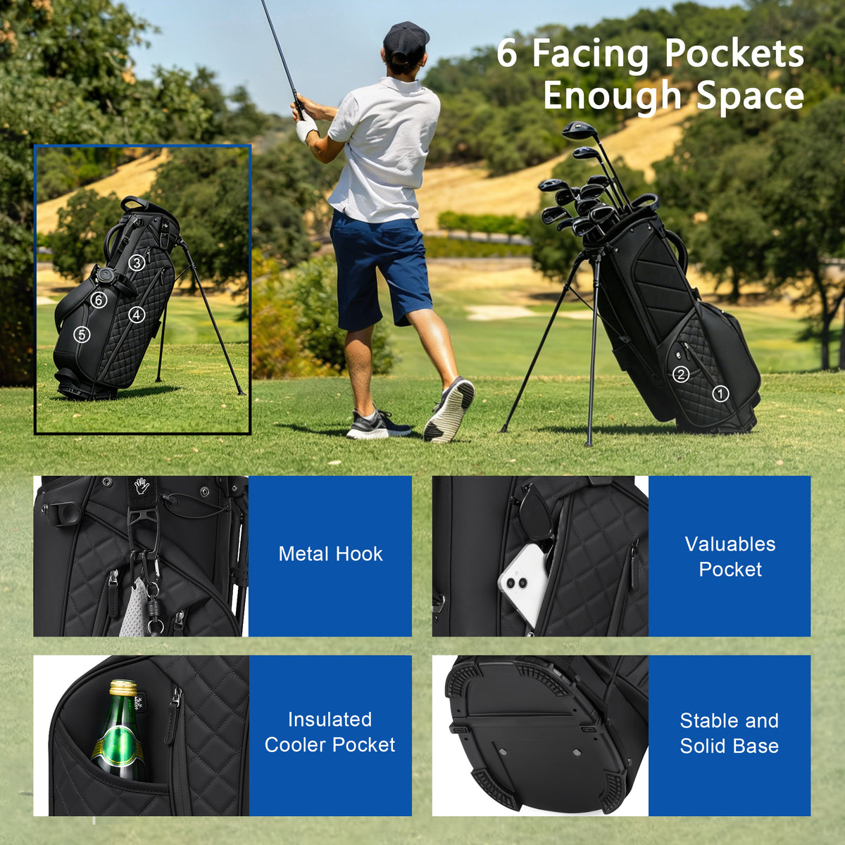 KVV 14-Way Golf Stand Bag, Lightweight PU Leather Carry Bag for Men & Women – Velvet-Wrapped Top Frame, Rain Hood & 6 Multi-Organizer Pockets