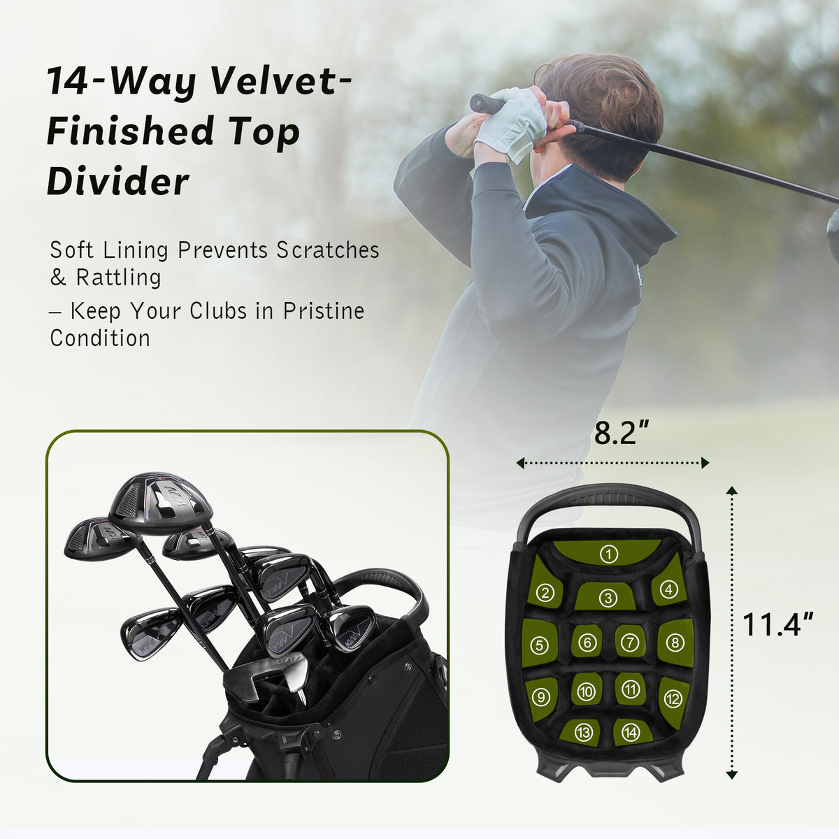 KVV 14-Way Golf Stand Bag, Lightweight PU Leather Carry Bag for Men & Women – Velvet-Wrapped Top Frame, Rain Hood & 6 Multi-Organizer Pockets