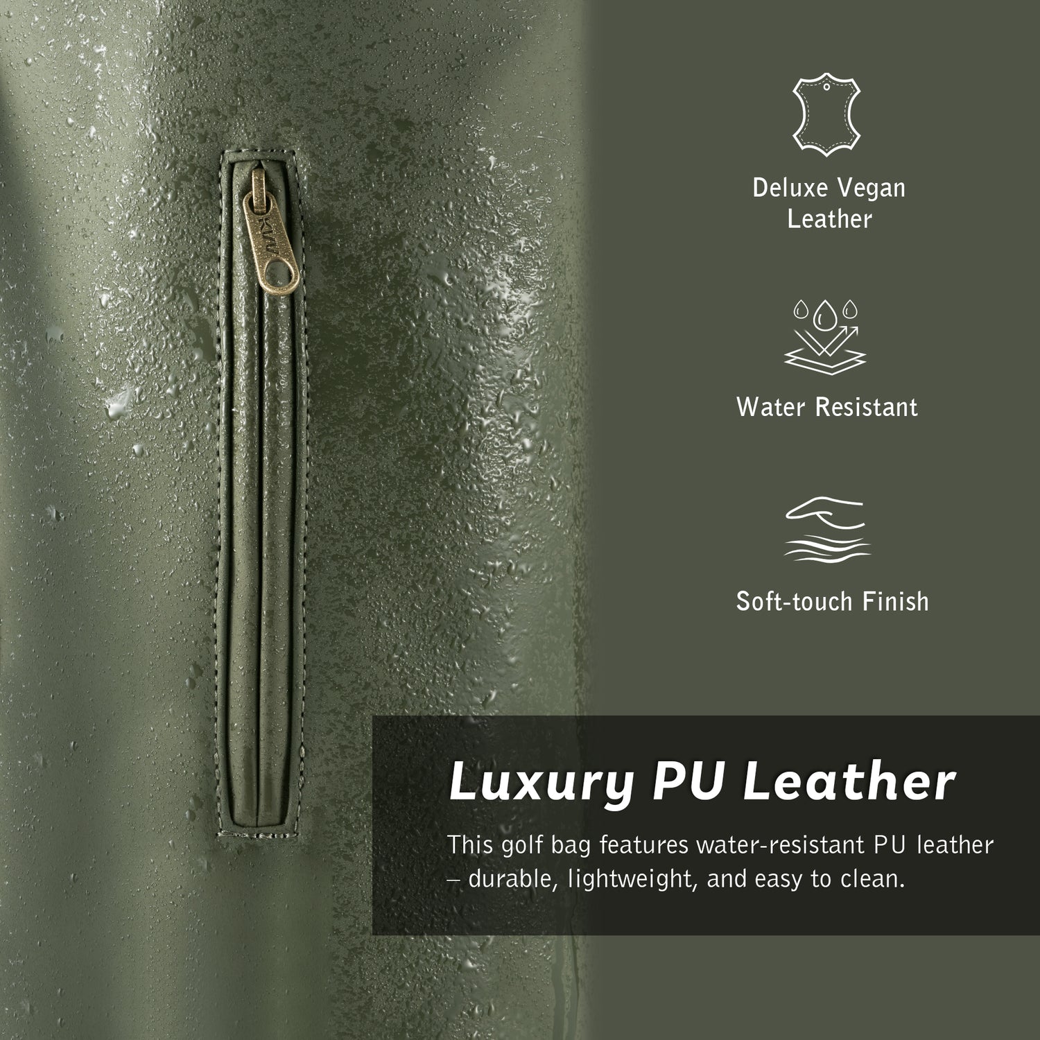 Close-up of 3-pocket design on vintage PU golf bag with YKK zipper hardware