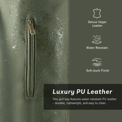 Close-up of 3-pocket design on vintage PU golf bag with YKK zipper hardware