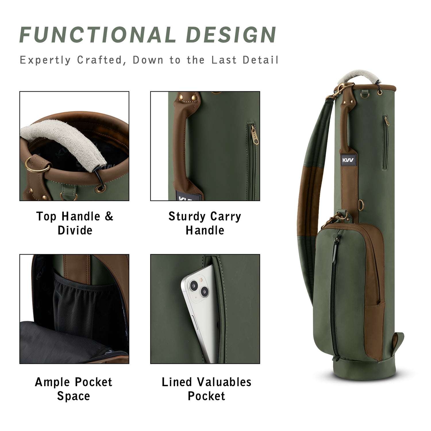 Craftsmanship close-up of vintage golf bag showing PU material and 3 pockets