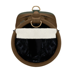 Top opening view of vintage golf bag showing 3-pocket club organization