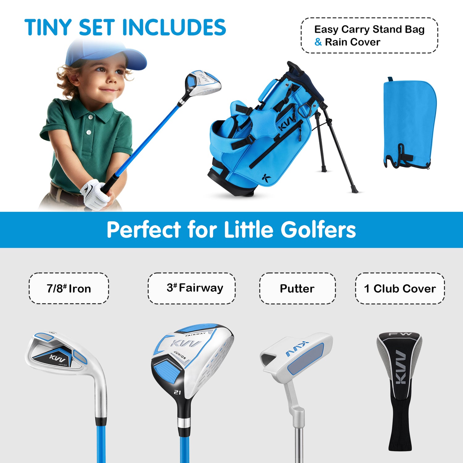 KVV Junior Golf Clubs Set Ages 3-5, Complete Kids Golf Set with Lightweight Stand Bag, Fairway, Iron & Putter Right Handed for Girls & Boys ( Ages 3-5)
