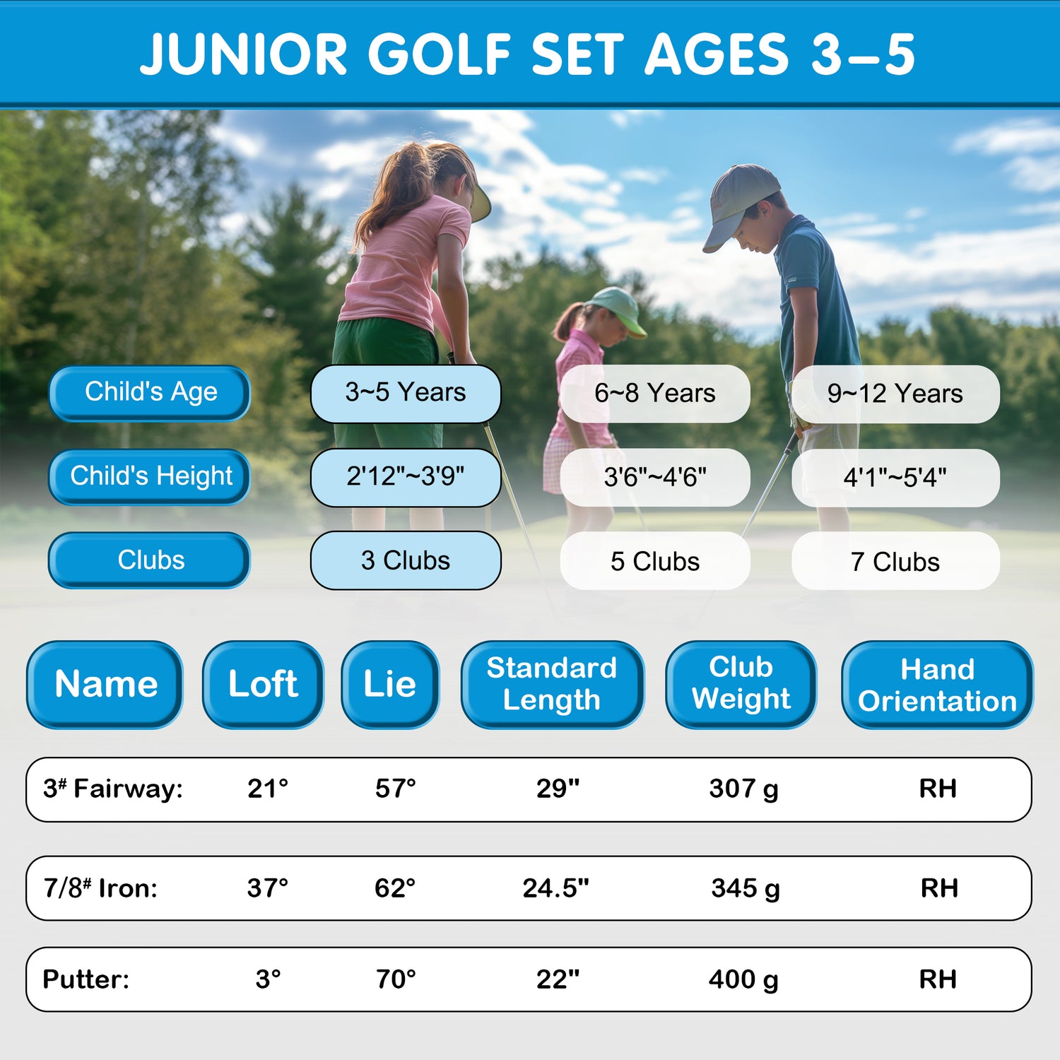 KVV Junior Golf Clubs Set Ages 3-5, Complete Kids Golf Set with Lightweight Stand Bag, Fairway, Iron & Putter Right Handed for Girls & Boys ( Ages 3-5)
