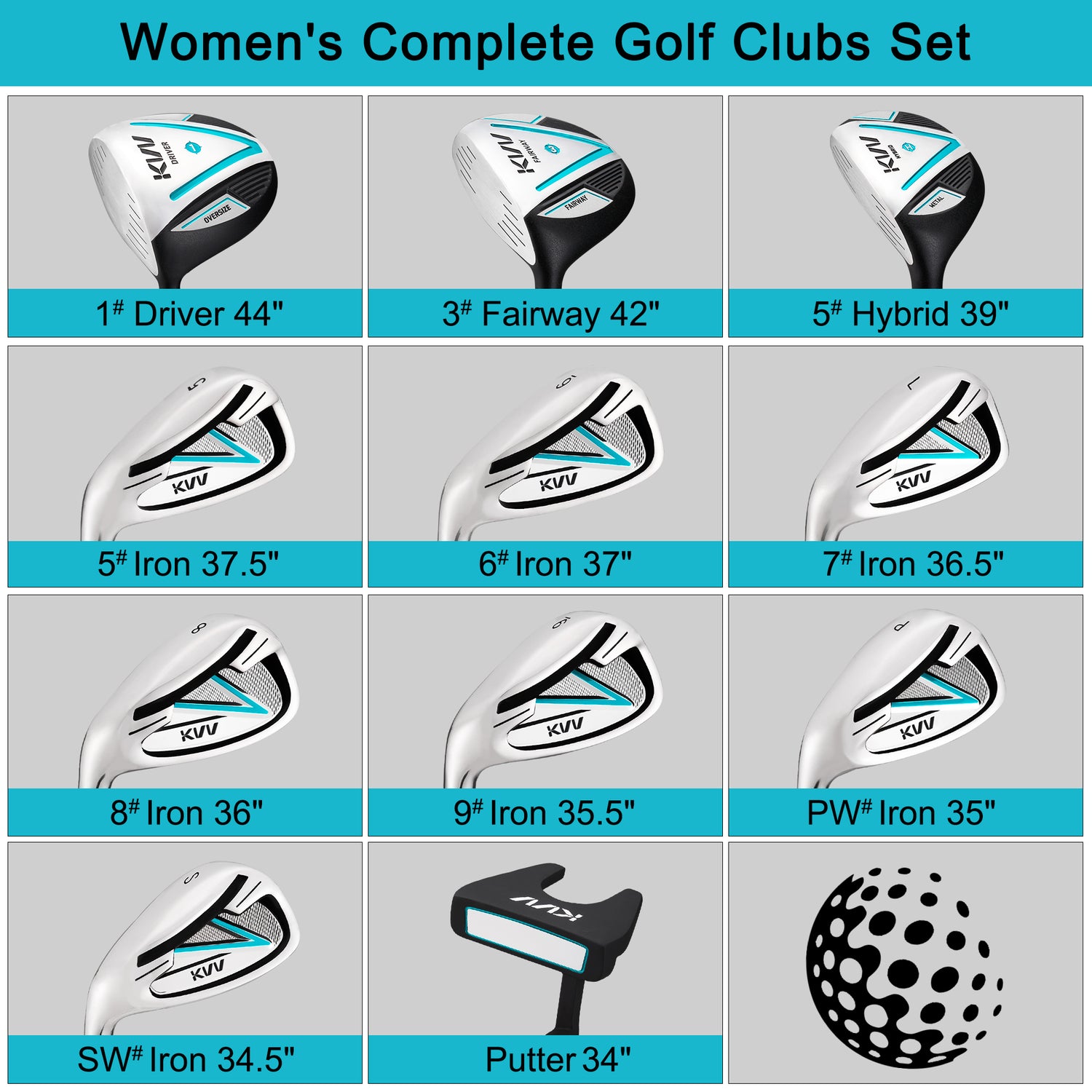 KVV Premium Left Hand Golf Club Set 11-Piece Set for Women, Including Driver, Fairway, Hybrid, 5#-P# Irons, Putter Steel Shaft Regular Flex Golf Clubs, Without Golf Bag