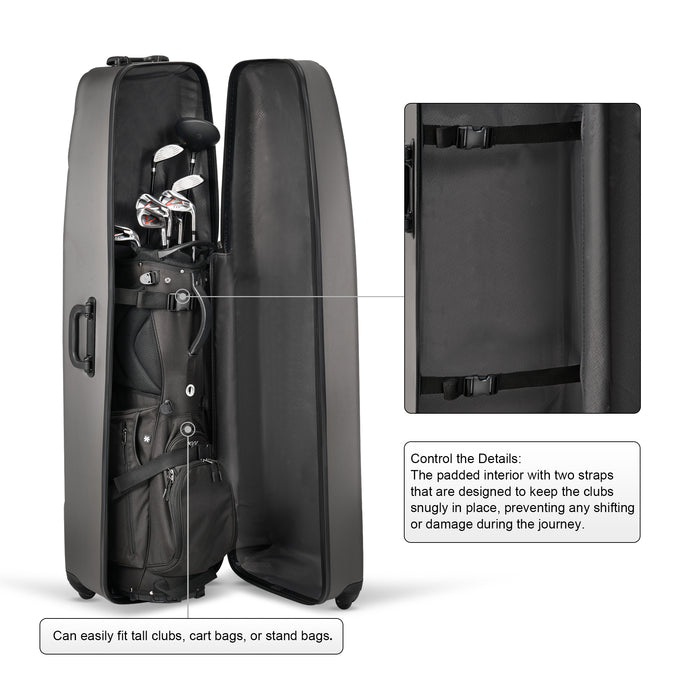 The golf hard sided travel case comes with a hard outer shell that shields the clubs from impact and rough handling during travel. T
