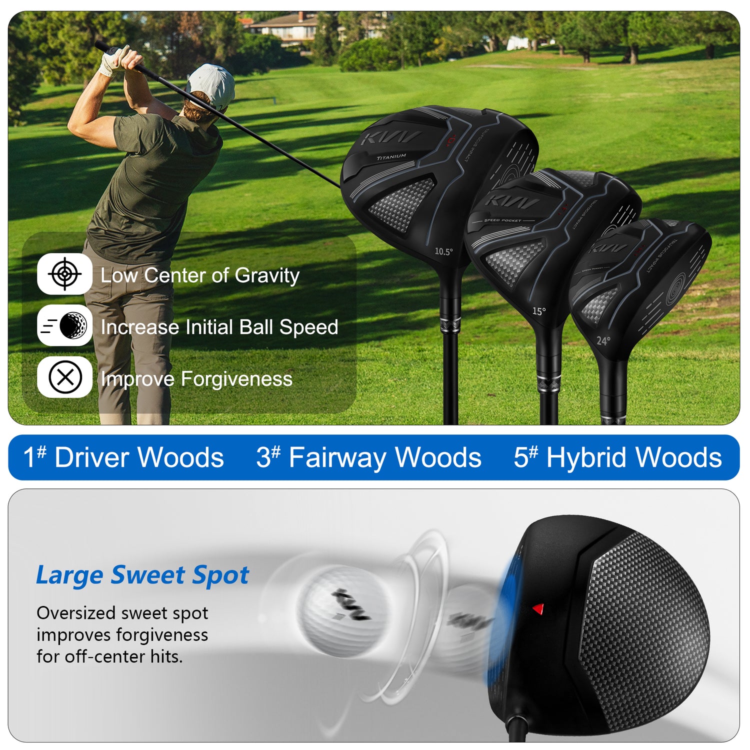 KVV Ultra Lightweight Club Set with Graphite Shafts, Titanium Driver, 11-Piece PVD Coated Clubs, 5-S# Irons, Right-Handed for Men No Golf Bag Included