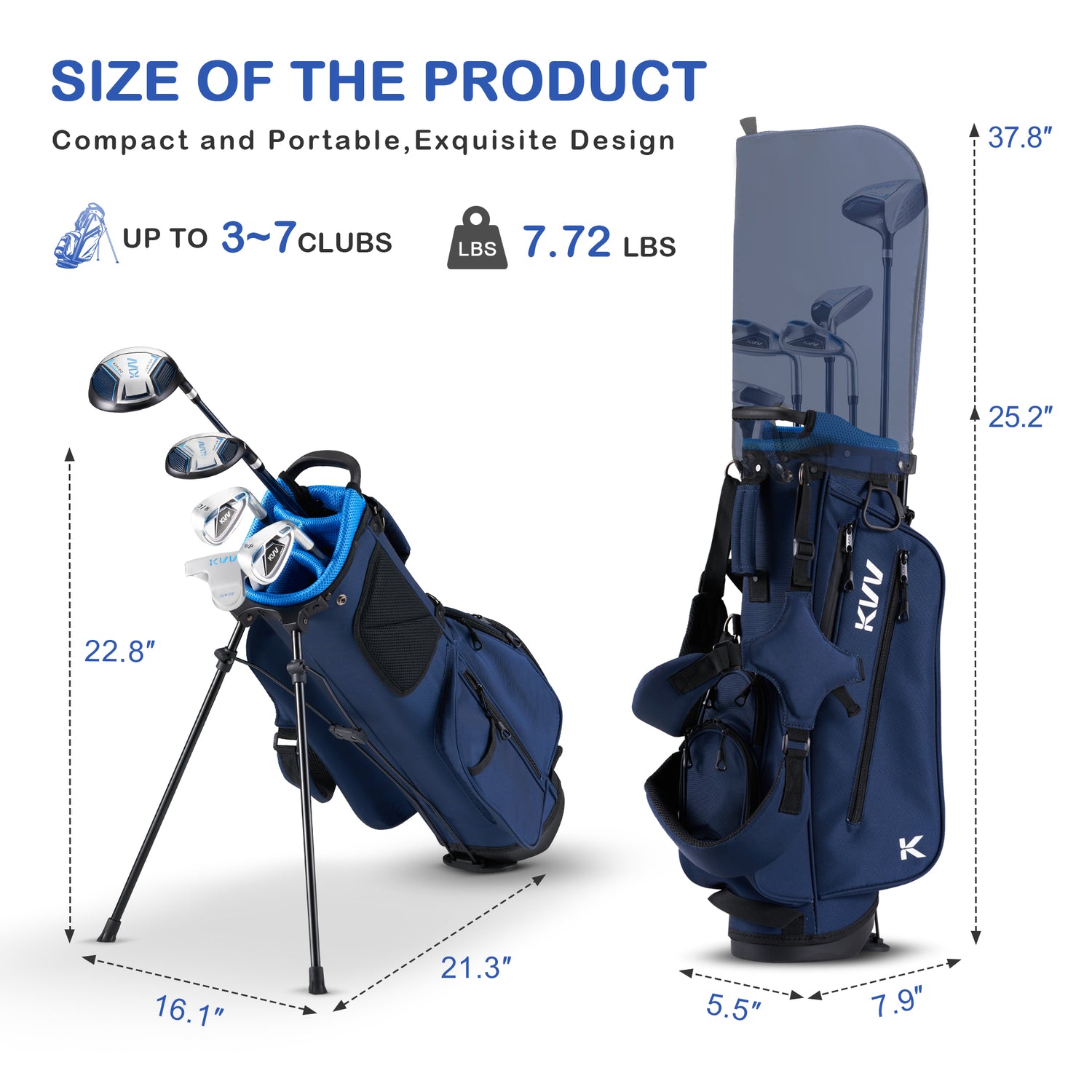 KVV Junior Golf Clubs Set Ages 6-8, Complete Kids Golf Set with Lightweight Stand Bag, Fairway, Iron & Putter Right Handed for Girls & Boys (Navy, Ages 6-8)