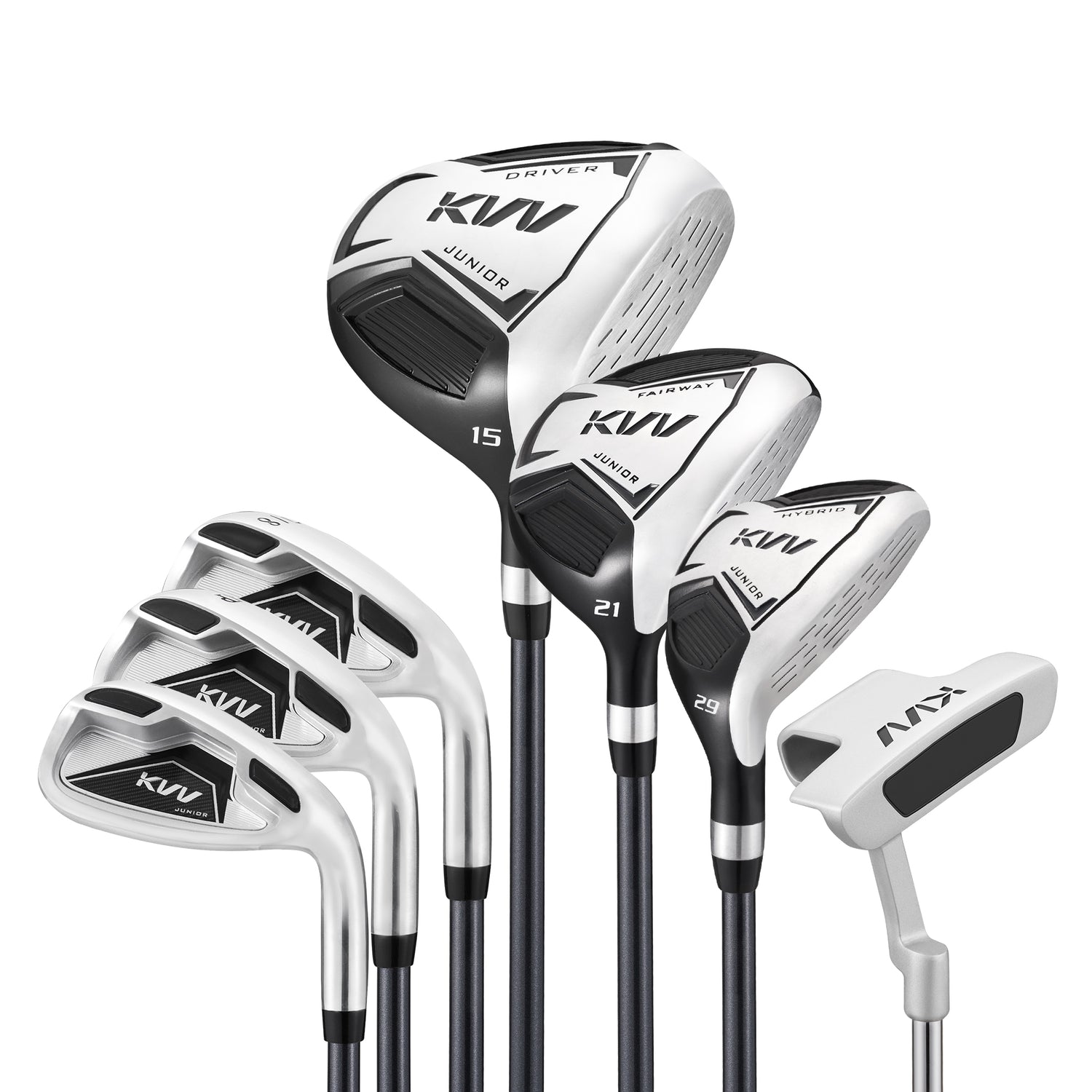 KVV Junior Golf Clubs Set Ages 9-12, Complete Kids Golf Set with Lightweight Stand Bag, Driver, Fairway, Hybrid, Irons, Wedge & Putter Right Handed for Girls & Boys (Black, Ages 9-12)