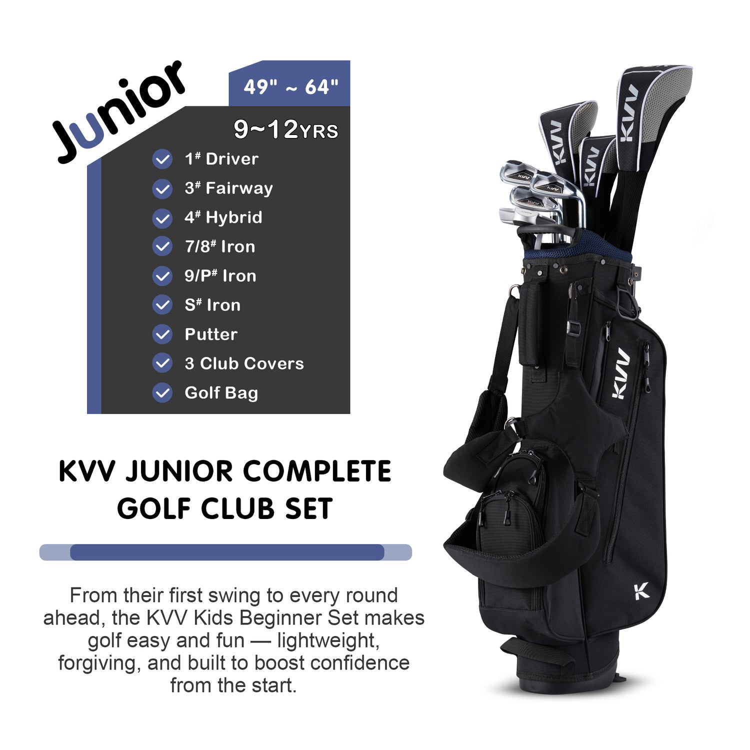 KVV Junior Golf Clubs Set Ages 9-12, Complete Kids Golf Set with Lightweight Stand Bag, Driver, Fairway, Hybrid, Irons, Wedge & Putter Right Handed for Girls & Boys (Black, Ages 9-12)