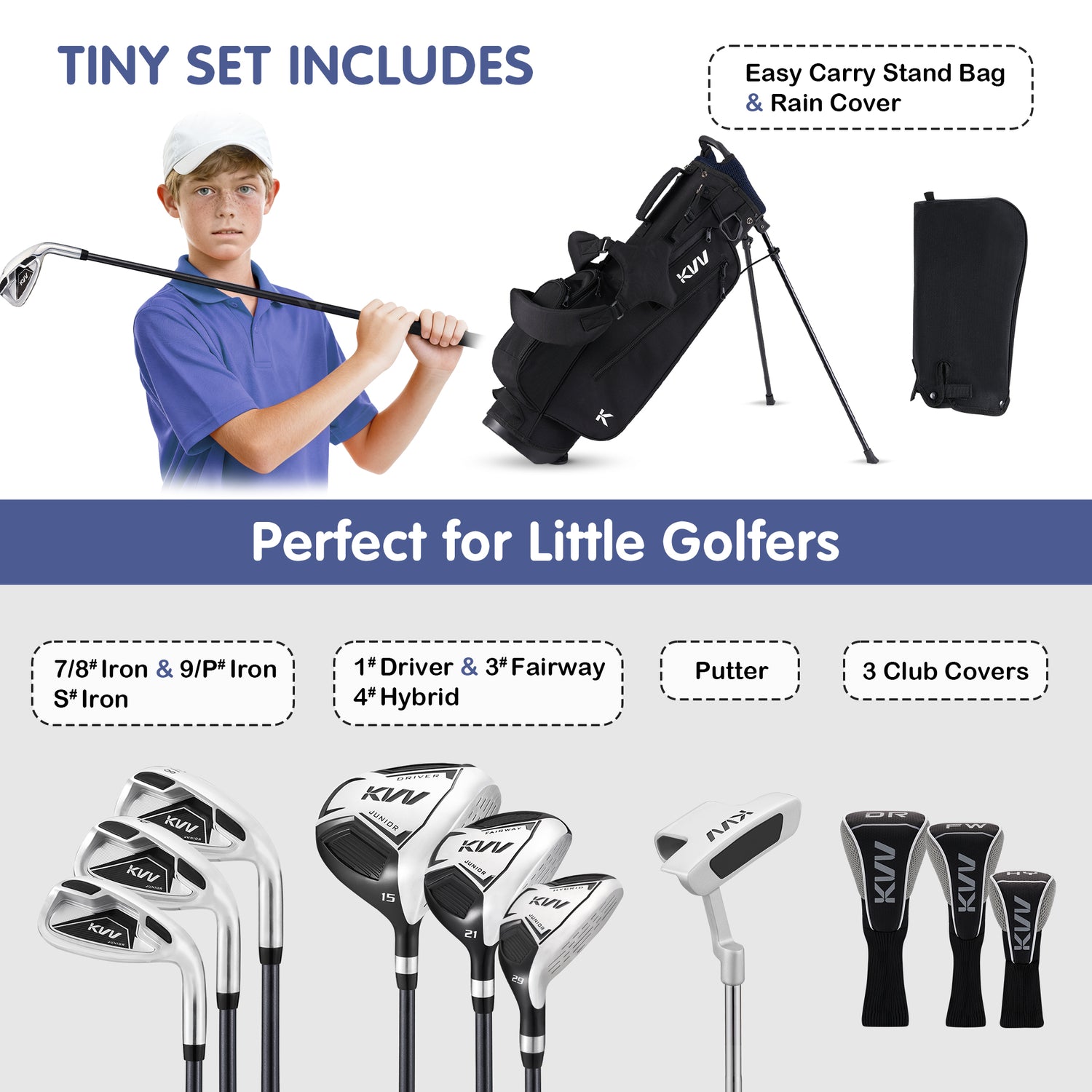 KVV Junior Golf Clubs Set Ages 9-12, Complete Kids Golf Set with Lightweight Stand Bag, Driver, Fairway, Hybrid, Irons, Wedge & Putter Right Handed for Girls & Boys (Black, Ages 9-12)