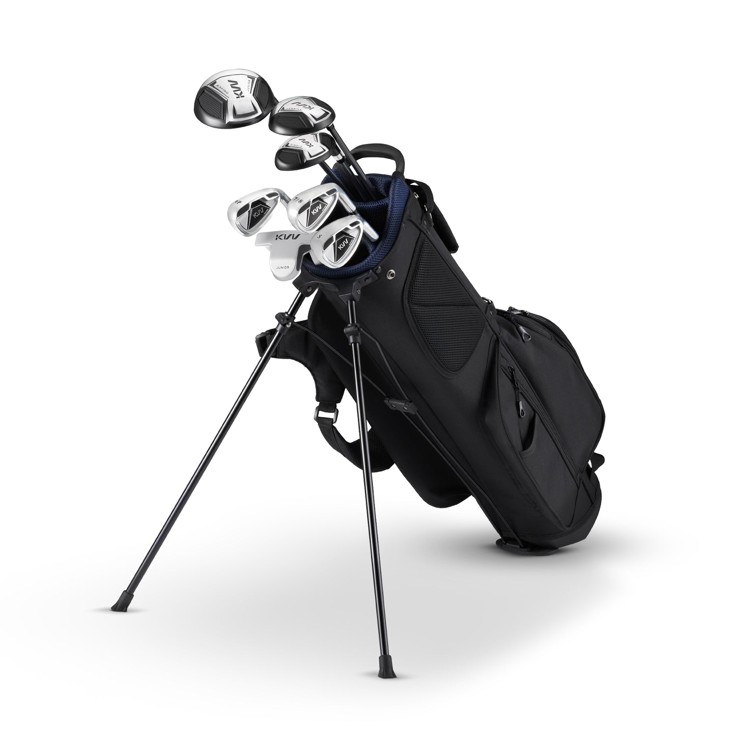 KVV Junior Golf Clubs Set Ages 9-12, Complete Kids Golf Set with Lightweight Stand Bag, Driver, Fairway, Hybrid, Irons, Wedge & Putter Right Handed for Girls & Boys (Black, Ages 9-12)