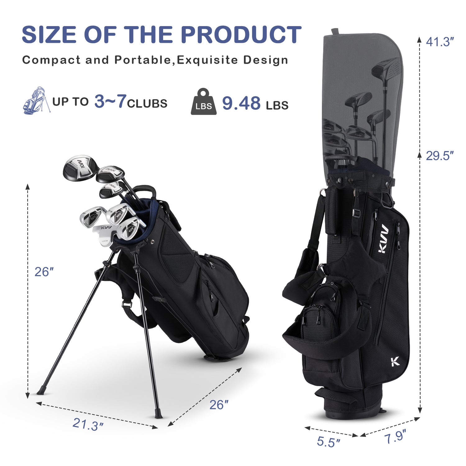 KVV Junior Golf Clubs Set Ages 9-12, Complete Kids Golf Set with Lightweight Stand Bag, Driver, Fairway, Hybrid, Irons, Wedge & Putter Right Handed for Girls & Boys (Black, Ages 9-12)