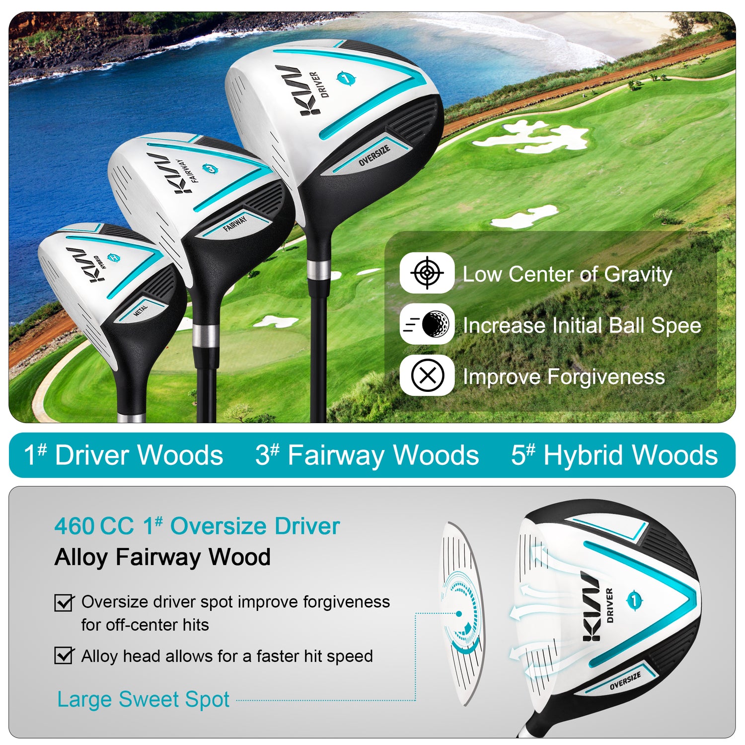 KVV Premium Left Hand Golf Club Set 11-Piece Set for Women, Including Driver, Fairway, Hybrid, 5#-P# Irons, Putter Steel Shaft Regular Flex Golf Clubs, Without Golf Bag