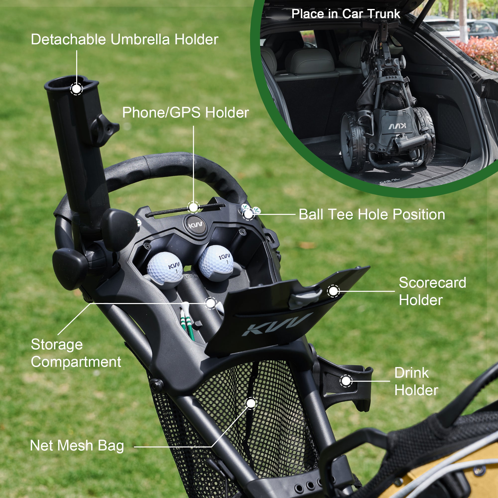 KVV Foldable Golf Push Cart GT302 With 360 Rotating Front Wheel
