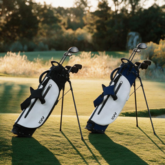 Lightweight golf stand bag with cooler pouch on cart path morning round