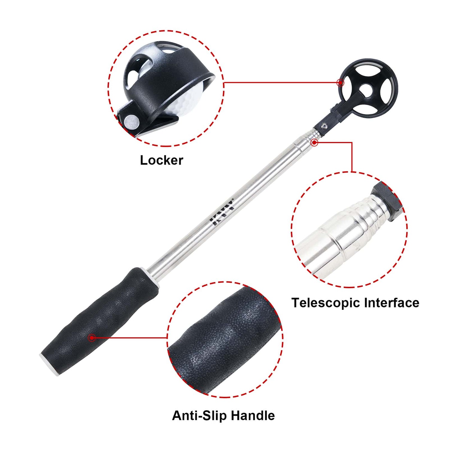 KVV Golf Ball Retriever Telescopic, Stainless Extended Stick